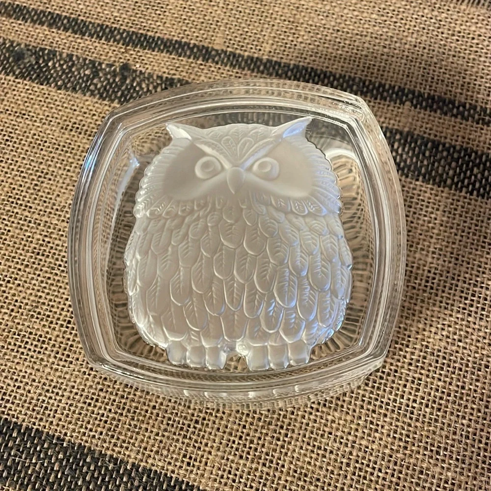 Vintage Mid Century Crystal Etched “Owl” Trinket Dish With Lid